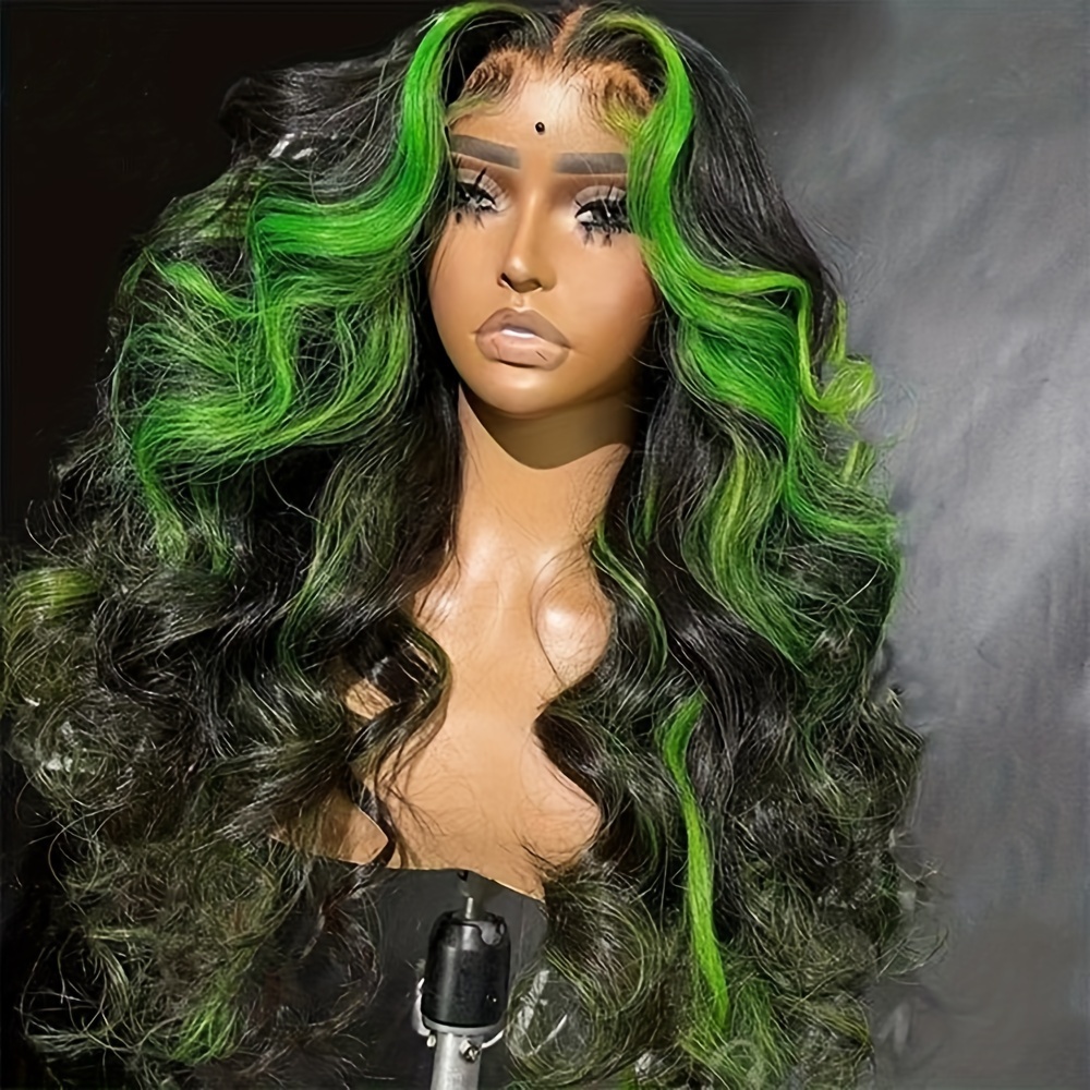 TEMU 13*6 Inch Highlight Body Wave Lace Front Wigs For Women Ombre Green Heat Resistant Fiber Preplucked Hairline Synthetic Lace Front Wig With Hair Glueless Lace Front Wig For Daily Party Use