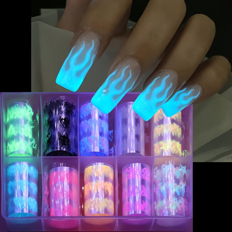 

10 Rolls/box Fluorescent Fire Flame Transfer Nail Foil Neon Luminous Torch Light Starry Sky Paper Hanging Decoration Sparkle Nail Foil Decoration Manicure Pack--1 Box-boxed Starry Sky Paper B121