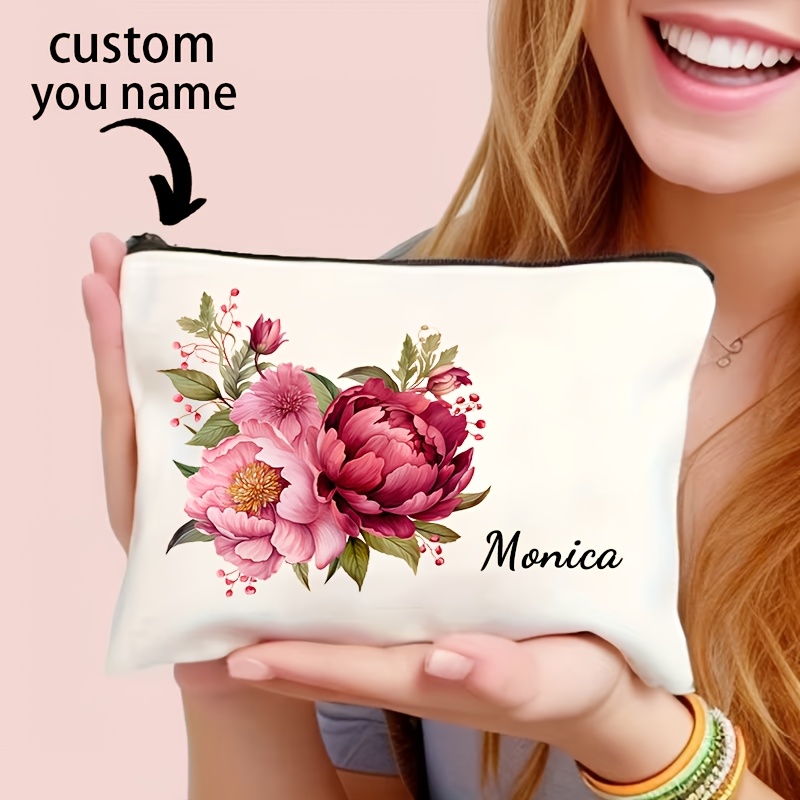 TEMU Personalized Custom Name Floral Makeup Bag - Suitable For , Custom Name/initials/flower, Decorative Stitching Cosmetic Organizer Pouch, Toiletry