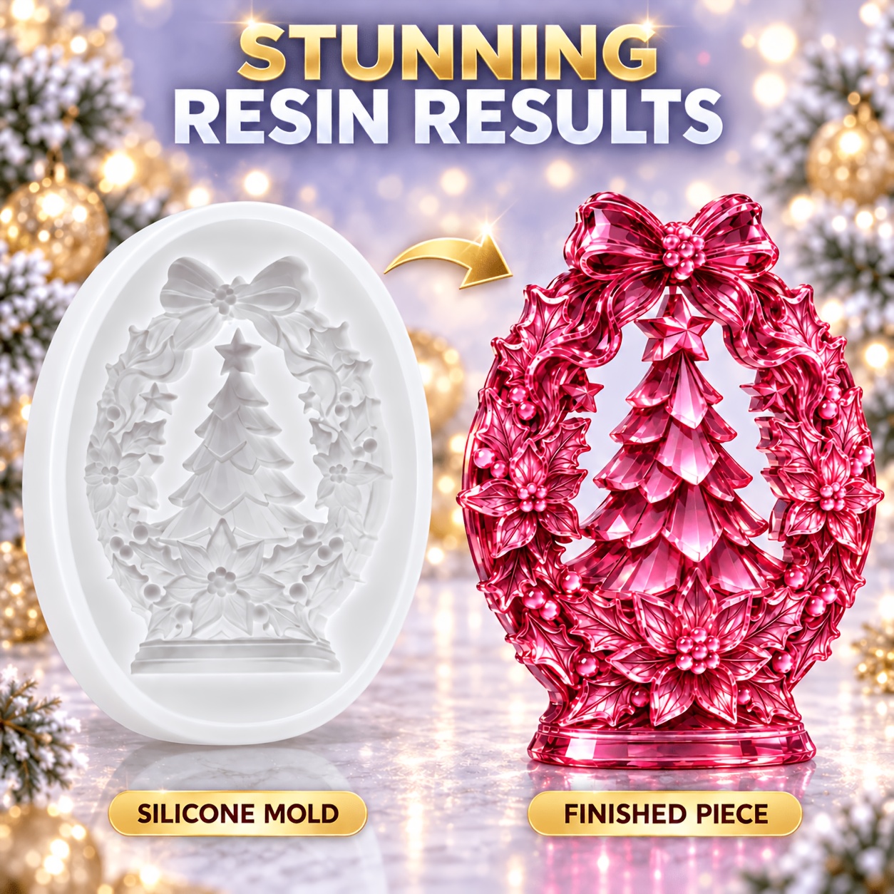 TEMU Resin Silicone Mold, Christmas Tree Wreath Bow Oval Pendant Mold With Hanging Hole And Base, Crystal Fine Relief Epoxy Resin Casting Mold For