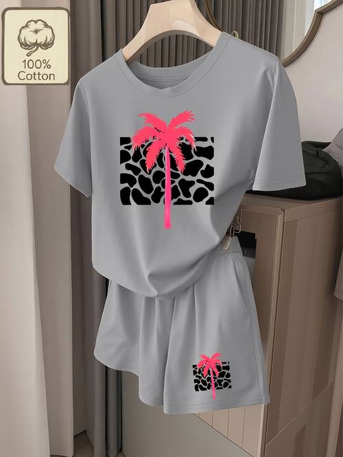 Artikelbild palme mit abstrakten formen damen-freizeit-loungewear-set mit reinem druck, rundhals, kurzarm, tasche shorts