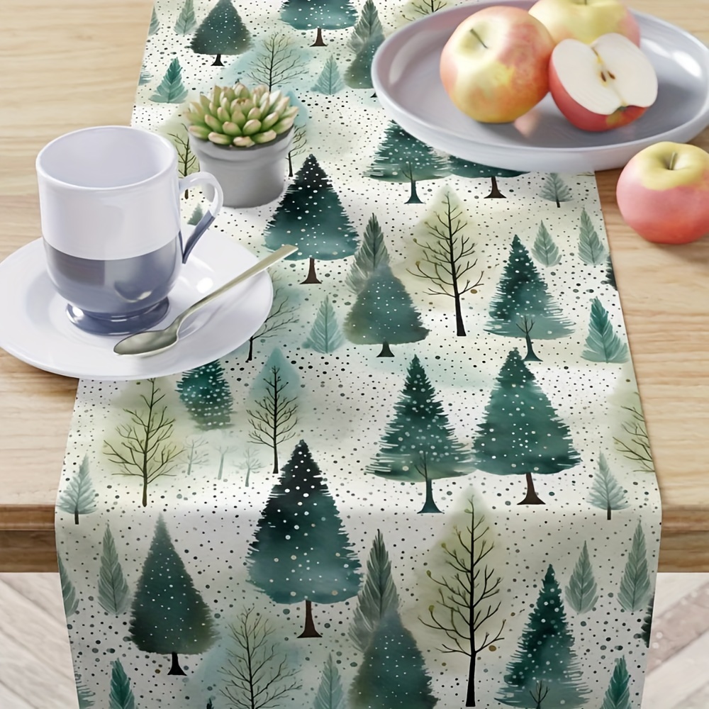 

Winter Trees Watercolor Print Polyester Table Runner - Holiday Season Decorative Rectangular Woven Table Cover, 100% Polyester, For Kitchen Dining Room Party And Banquet Decoration, 1pc