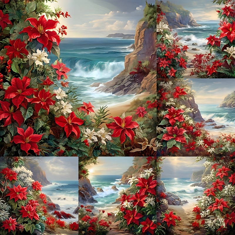 

40cm/15.8in Diy Diamond Painting Kit: Sea Waves And Flowers Pattern, Round Diamonds, Acrylic (pmma) Material, Wall Art Decoration