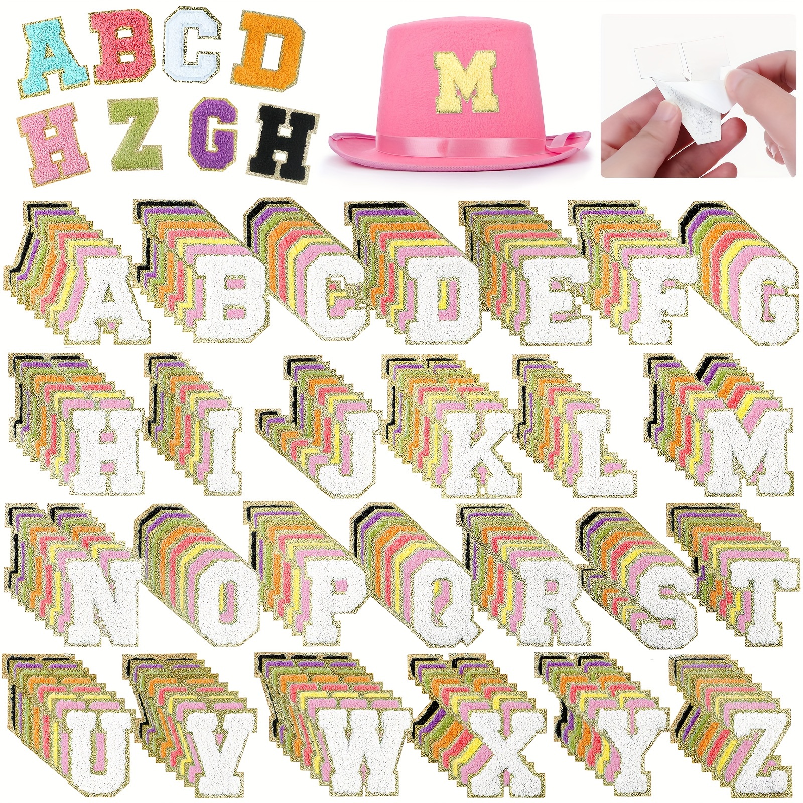 

234 Pieces Self Adhesive Chenille Letter Patches Iron On Golden Glitter Border Alphabet Stick On Patches For Fabric Clothing Repairing Diy Craft Decoration, 2.56 Inch