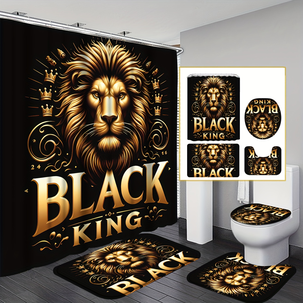 4pcs Lion Pattern Curtain Bathroom Sets, Fashion Shower Curtain Sets with Rug, Abstract Modern Shower Curtain Set, with 12 Hook, Bath Mat, U-shaped Bath Mat And Toilet Seat Cover, Bathroom Home Decor And Accessories