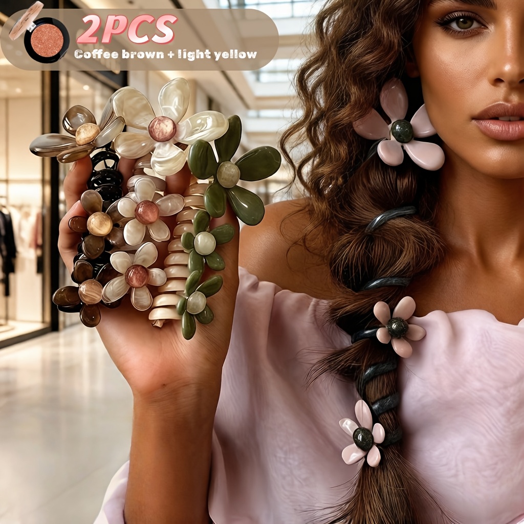 E-shop 2er-Pack Glückliche Fünfblättrige Spiral-Haargummis – Ideal für Outfits, Volumenverstärkende Harz-Haarbänder in Dopamin-Farben, Elastische