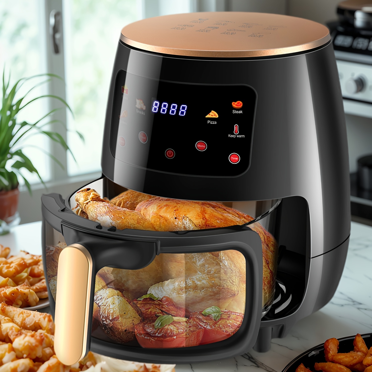 E-shop 6.1 L Heißluftfritteuse | 6-1 Voreingestellte Kochmodi | Transparente Fritteuseinsatz für beste Ergebnisse | Kochen Sie Garnelen, Steak, Pommes,