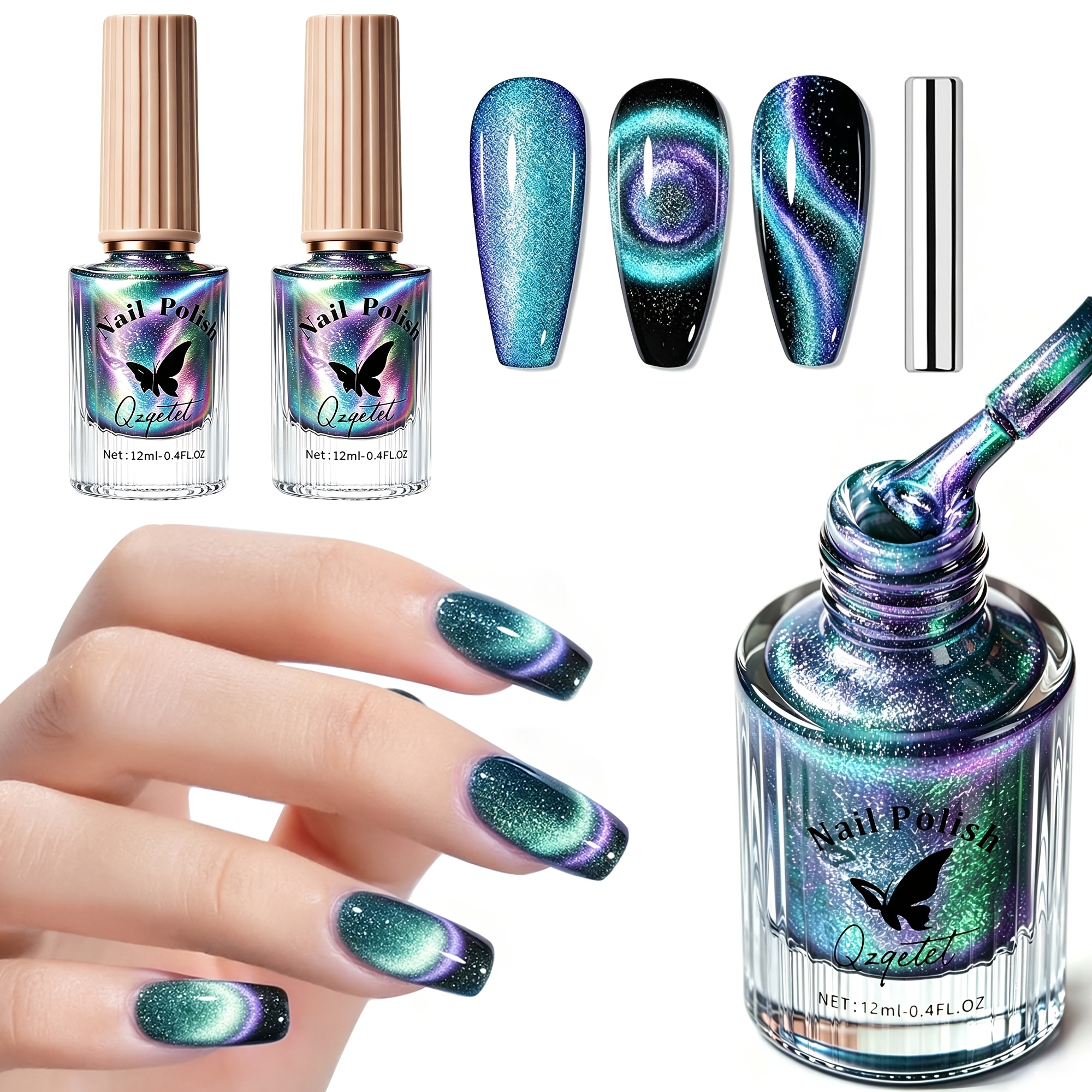 TEMU 2pcs Cat Eye Gel Nail Polish, 0.34 Oz, Shimmer Series, Alcohol-free Formula, Suitable For Nail Art, Magnetic Aurora Cat Eye Nail Polish, With