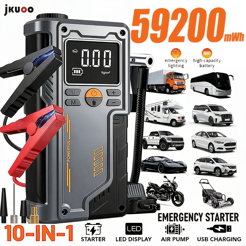   heavy duty automotive emergency jump starter 16000a   current 180psi winter emergency kit suitable for all gasoline and   vehicles portable tire inflator with led light 12v power bank emergency battery booster