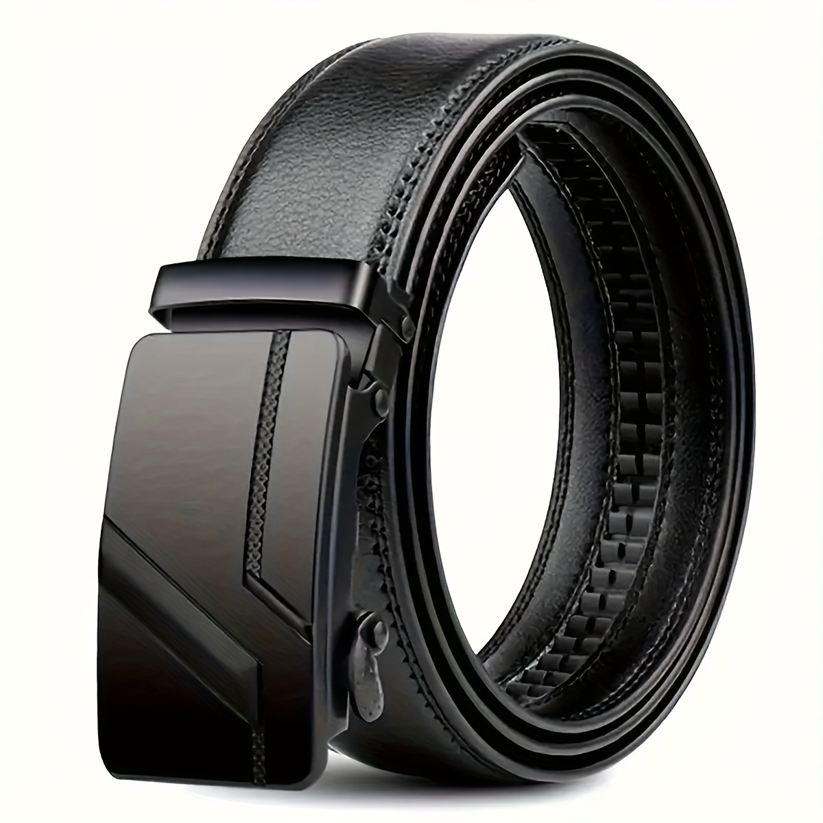 

Dinisiton Men's Business Style Black Pu Leather Belt With Embossed Detailing And Automatic Buckle - Average Size