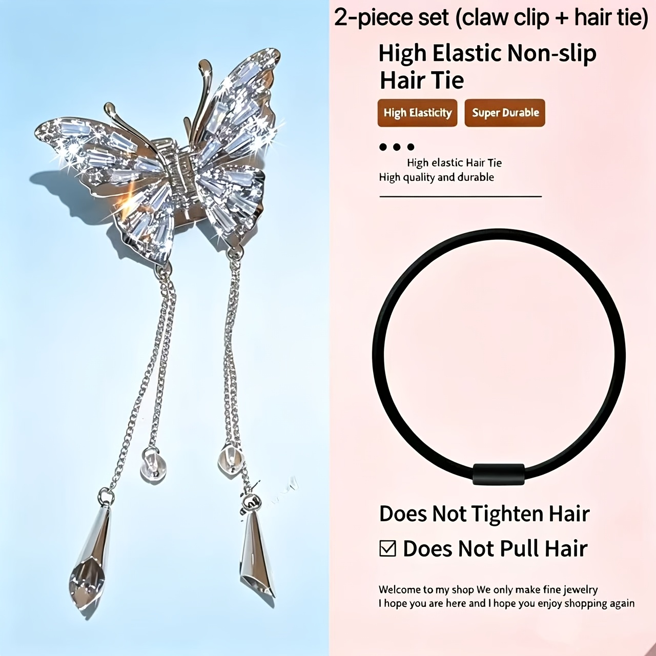 TEMU 2pcs Minimal Silvery Alloy Rectangle Rhinestone Double Water Drop Tassel Half Claw Clip Kit Gentle Basic Hair Band Daily Back Half-up Hair Clip