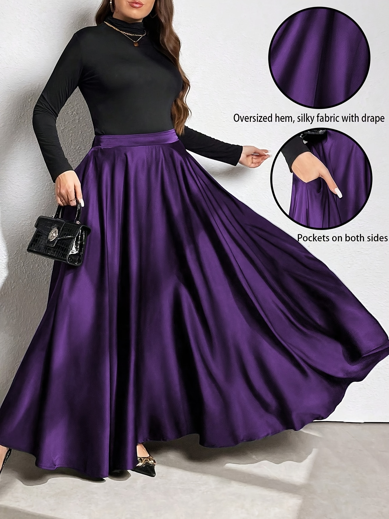 item picture plus size plus size plus size womens elegant solid color flared skirt featuring an elastic waistband at the   and suitable for  