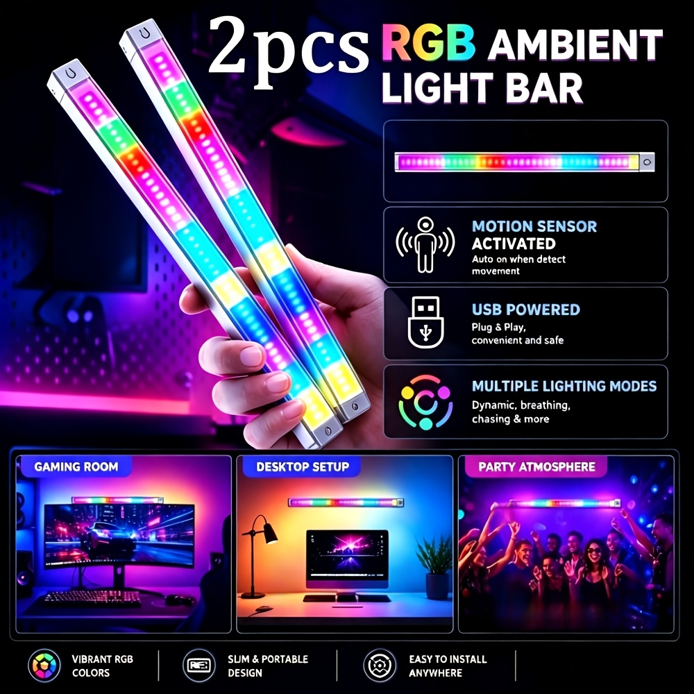 TEMU 2pcs Magnetic Gradient Motion Sensor Light, Adjustable Rgb Lighting , Human Light, Colorful Ambient Light Strip, Usb Rechargeable, Suitable For