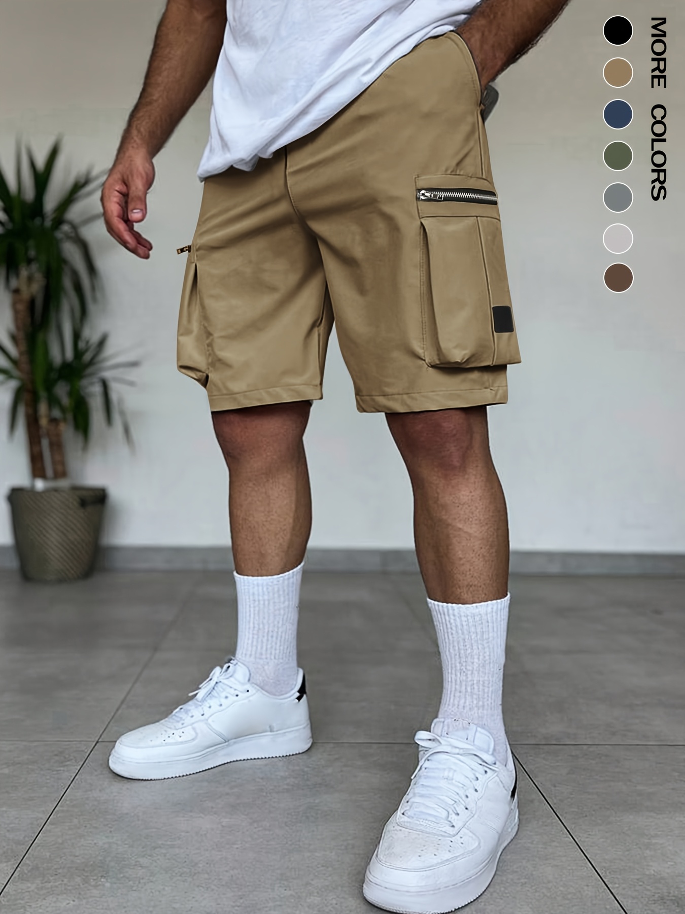 *'S Breathable And Stylish Solid Color Cargo Shorts, Featuring  Multifunctional Zip Pockets And a Casual Drawstring at The Waist Everyda
