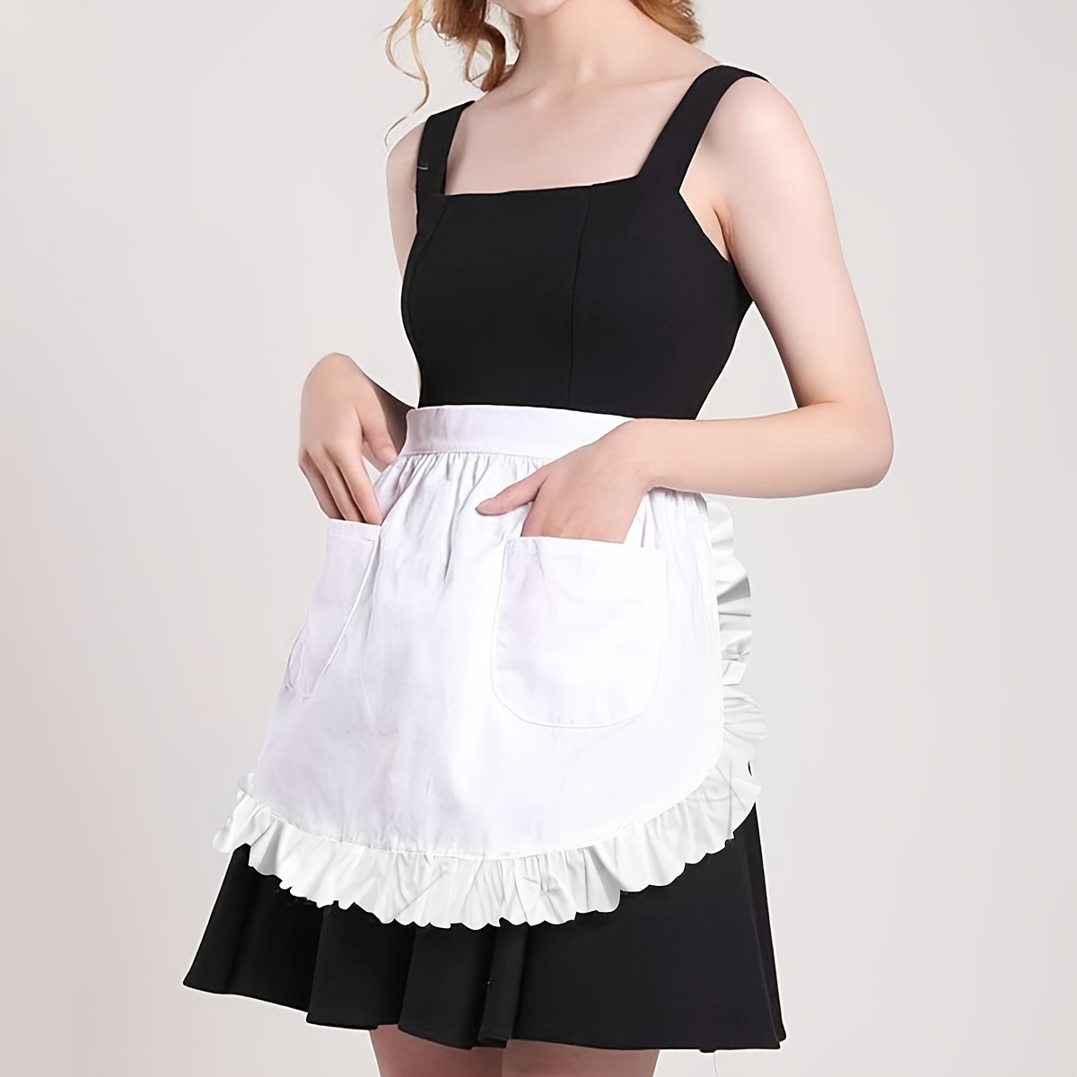 

Chic White Lace-trimmed Apron With Ruffle Detail - Polyester, Knit Fabric For Kitchen & Restaurant Use