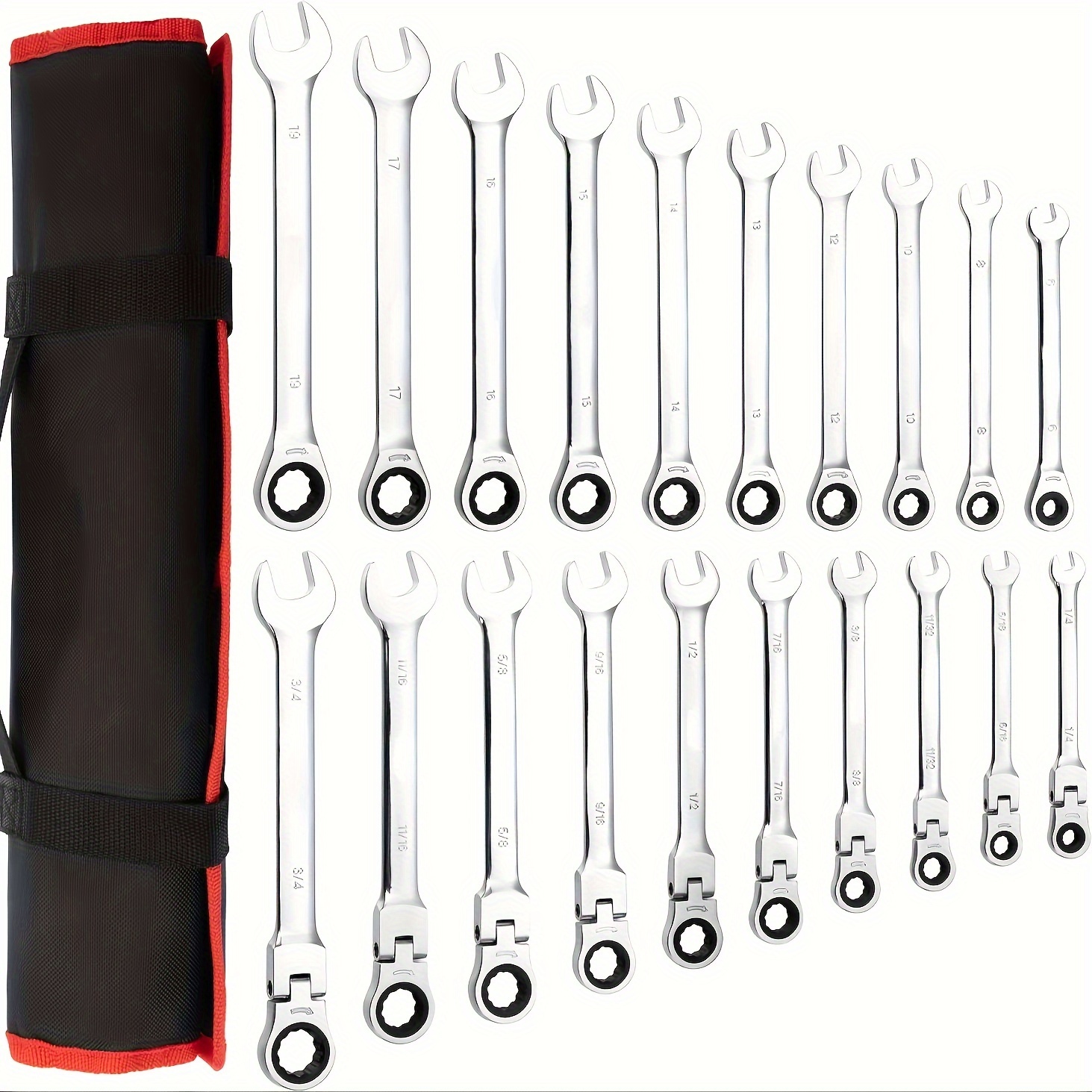 

20-piece Ratcheting Combination Wrench Set, Combo Ratchet Wrenches Set, 72 Teeth, Sae 1/4-3/4"& Metric 6-19mm, Chrome Vanadium Steel With Storage Bag