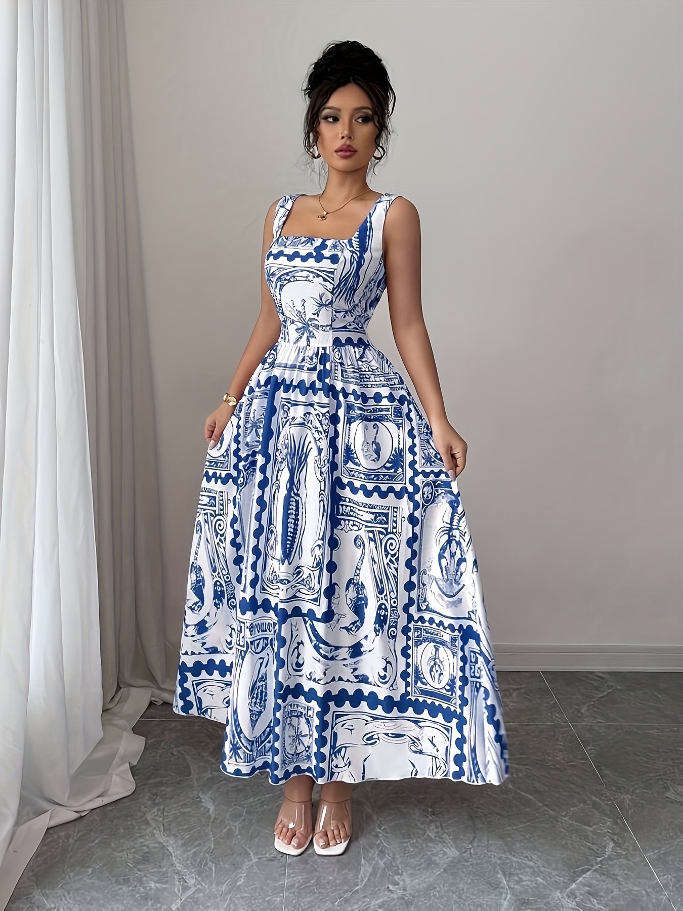 womens floral neck a line dress blue white - Temu Bahrain