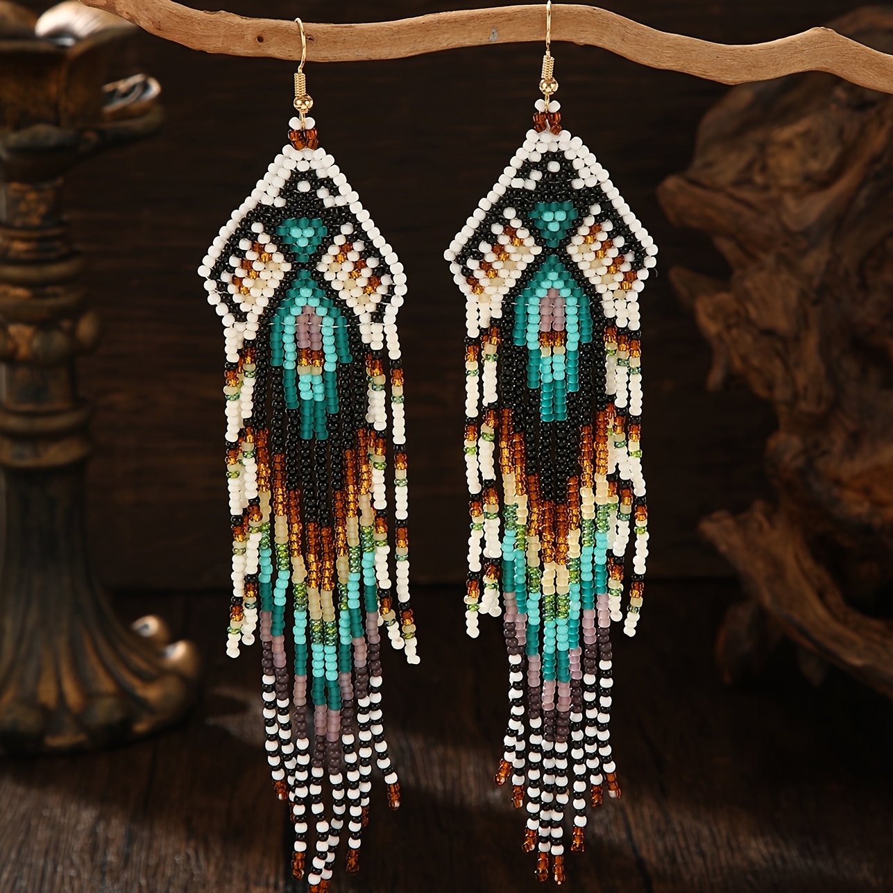 TEMU Retro Bohemian Beaded Earrings, , Seed Beads Including Black, White, Peacock Green, Brown, Geometric And Patterns, Long Tassels, Handmade Seed