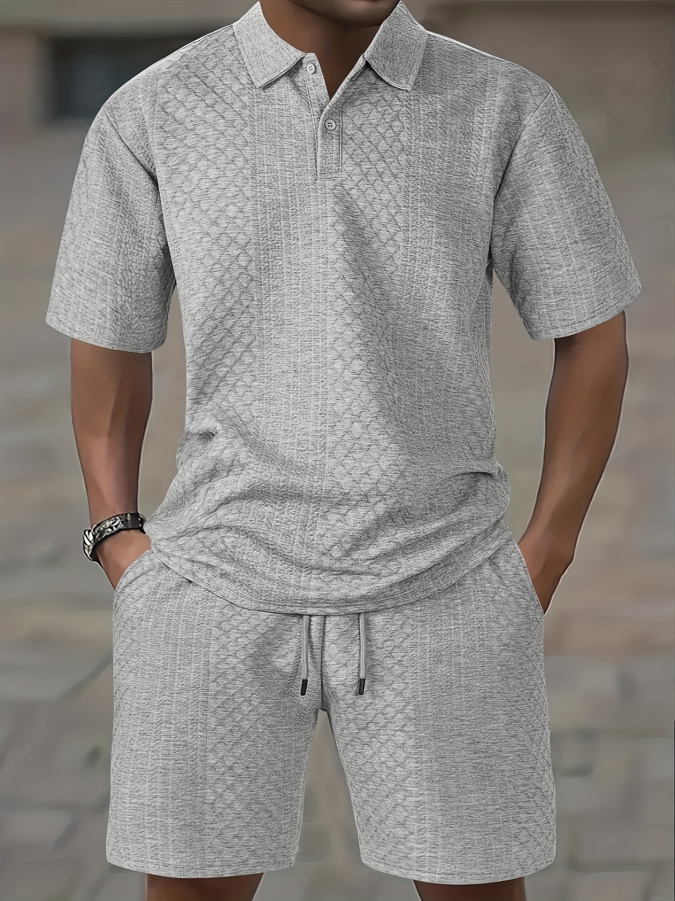 Men'S 2pcs Set: White Short Sleeve Button-Up Shirt & Drawstring Shorts - Breathable Jacquard Fabric, Loose Fit Casual Summer Outfit for Casual Attire, Everyday Clothing, Classic Collar Design, Comfortable Fit