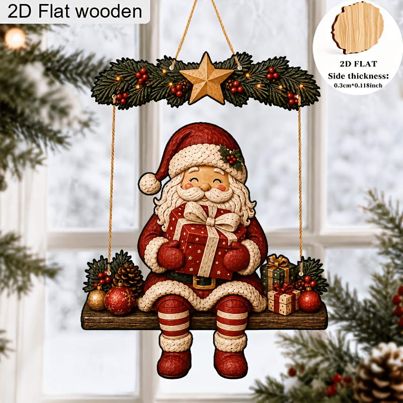 TEMU Plat 2D, 1 Parure de Décoration de Noël en Bois, Panneau en Bois Père Noël à Balançoire avec Boîte Cadeau, un Cadeau de Noël Réconfortant,
