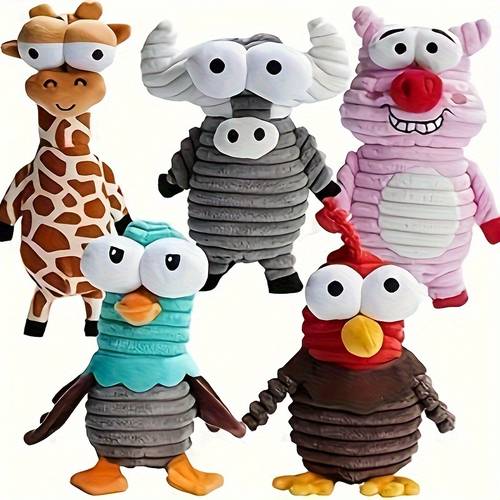 5pcs dog squeaky toys durable chew resistant interactive plush toys with 5 different giraffe chicken buffalo owl textured teeth cleaning material for small to large dogs dog toy design multilayer composite