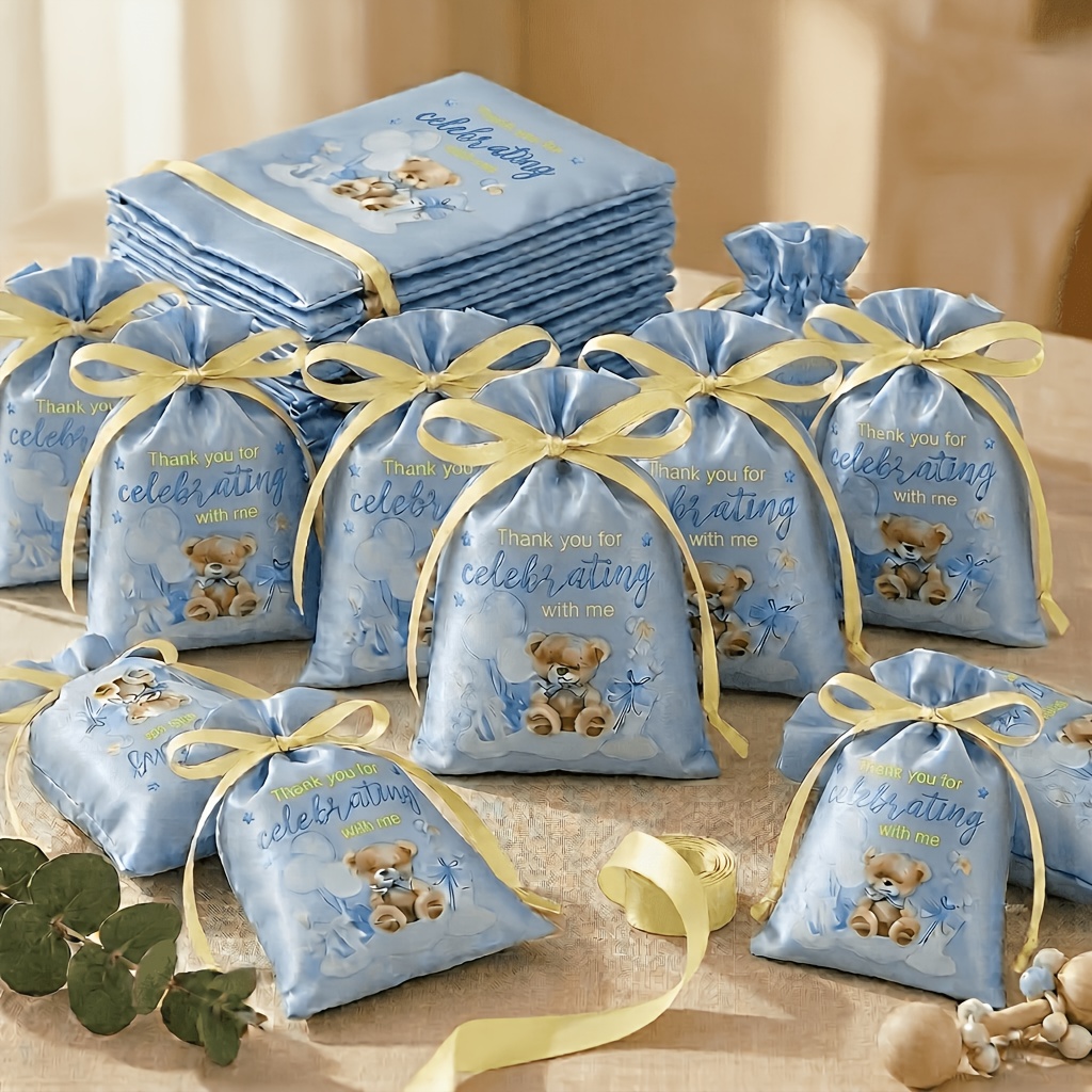 TEMU 24pcs 10x15cm Satin Drawstring Gift Bags, Blue Bear Print Fabric Pouches With Closure, Soft Durable Lightweight Party Favor Sacks For Baby