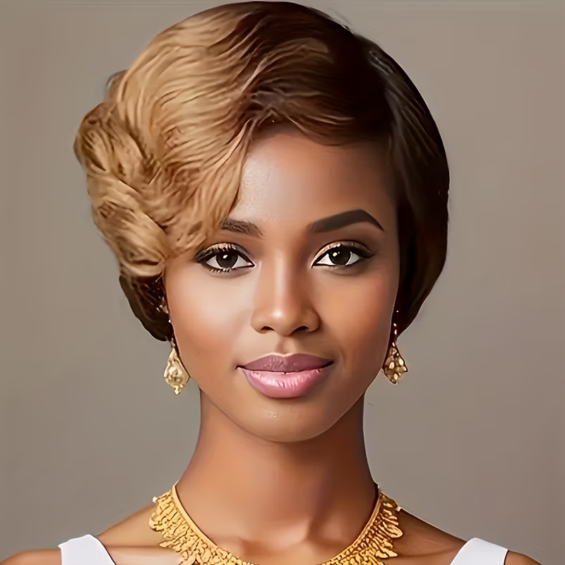Women' Short Cut Human Hair Wig Suitable For - Glueless Machine-made Curly Wigs With Bangs, Dark Brown & Blonde Layered Hair, For & Look (no Maintenance Required)