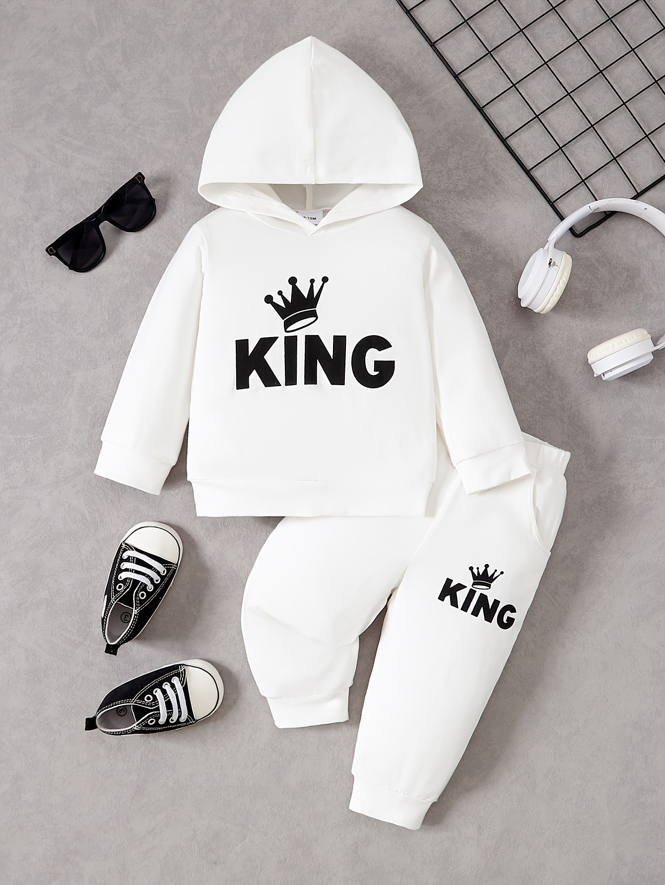 2pcs Baby Boy King Letter Print Hoodie and Long Pants   Set,   Outdoor
