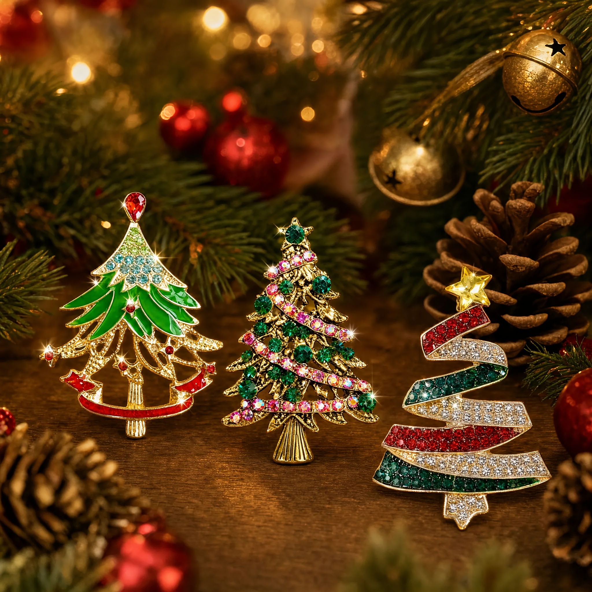 TEMU 3pcs Merrysmile 3pcs Christmas Tree Brooches Suitable For Coats, Dresses, Shawls - Plated Rhinestone Tree Pins With Rhinestone Inlay, Elegant