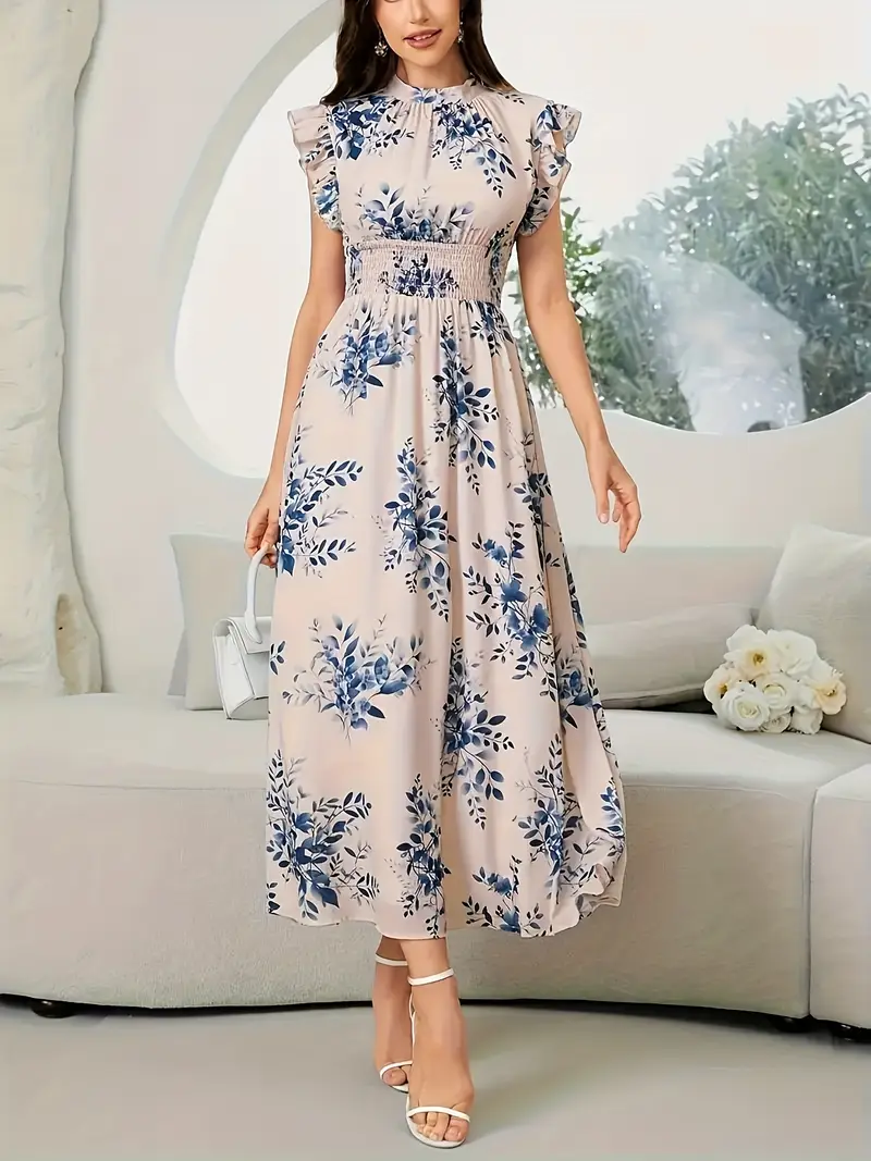 beige dress with blue flowers Baltic Born Womens Phoebe Midi Dress | Cream + Blue Floral