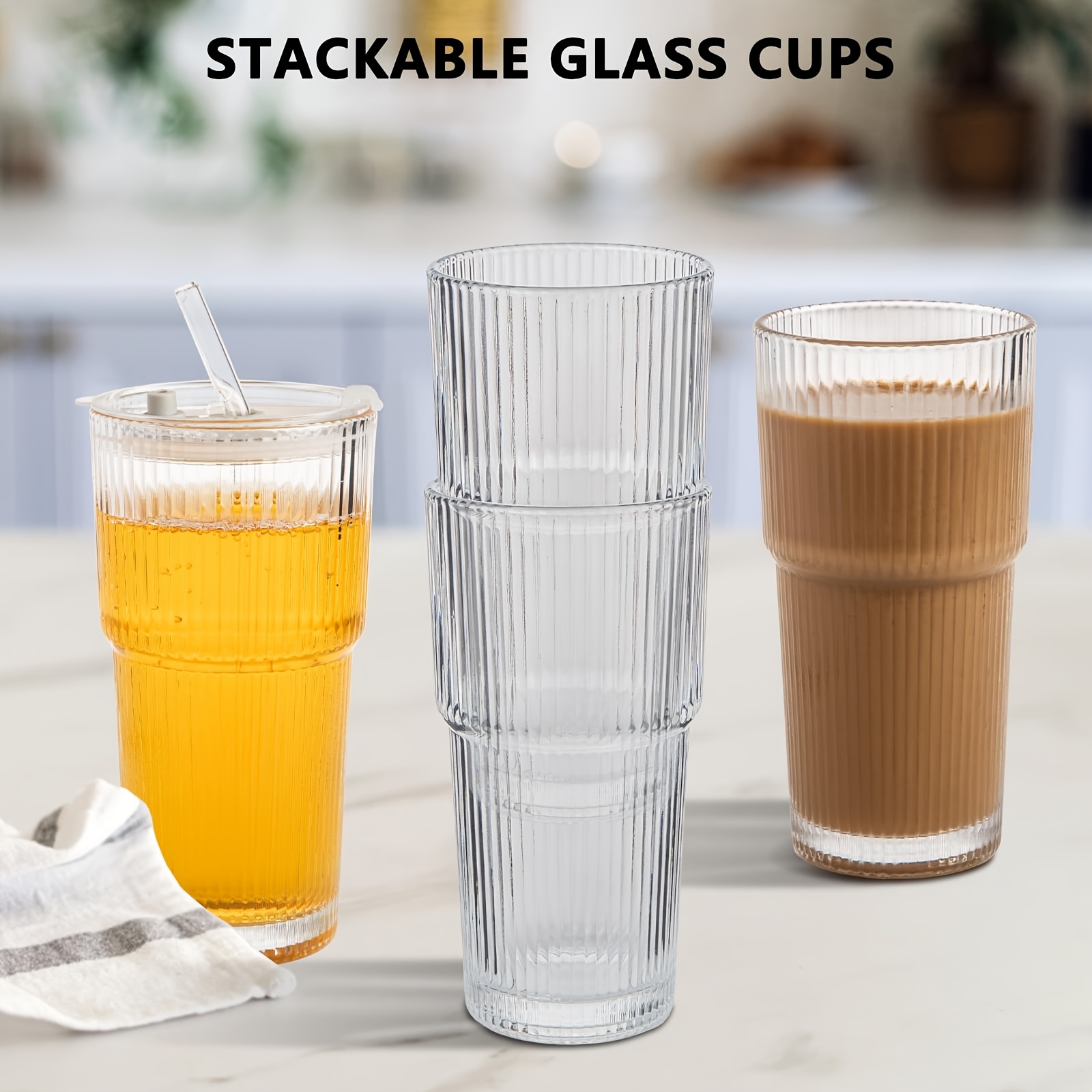 2pcs 20 oz ribbed glass tumblers with lids and glass straws 4piece glassware set thickened glass ideal for iced coffee smoothies cocktails and juices elegant and durable drinkware Product details 0
