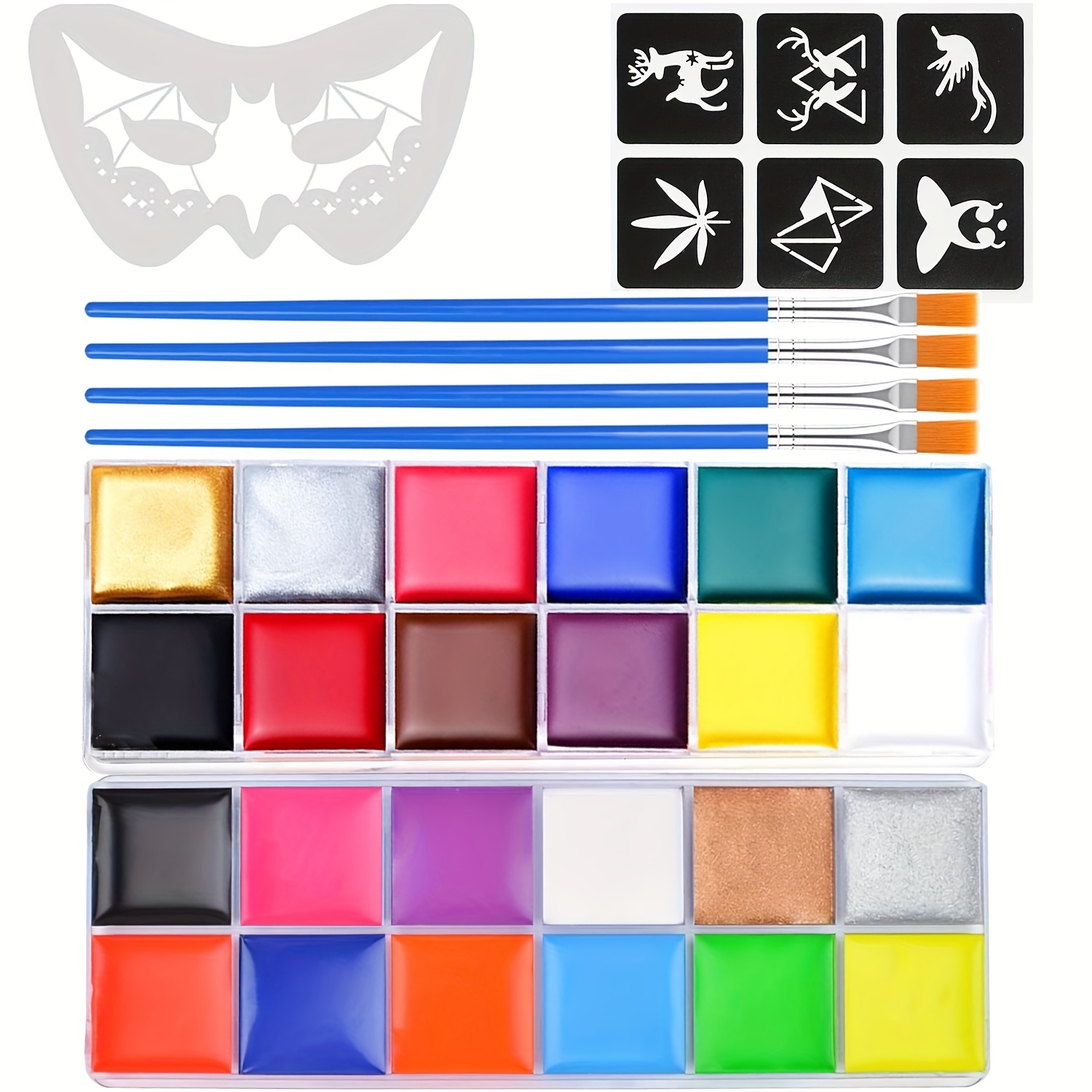 

24-color Face Painting Kit With Brushes & Stencils, Neon Color Tone, Non-toxic Party Makeup Set, Halloween Cosmetics Palette For Adults