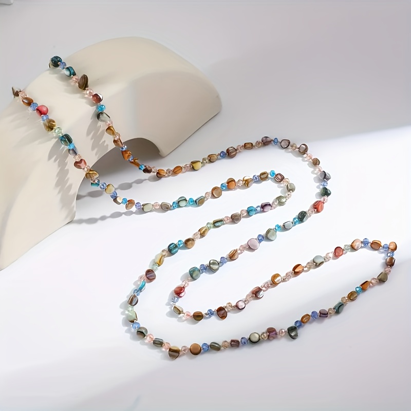 TEMU Vintage Tribal Style 120cm Natural Stone And Shell Beaded Long Necklace, Multicolor Crystal Sweater Chain, Suitable For All Seasons - Unique Daily Wear And Gift Giving Jewelry