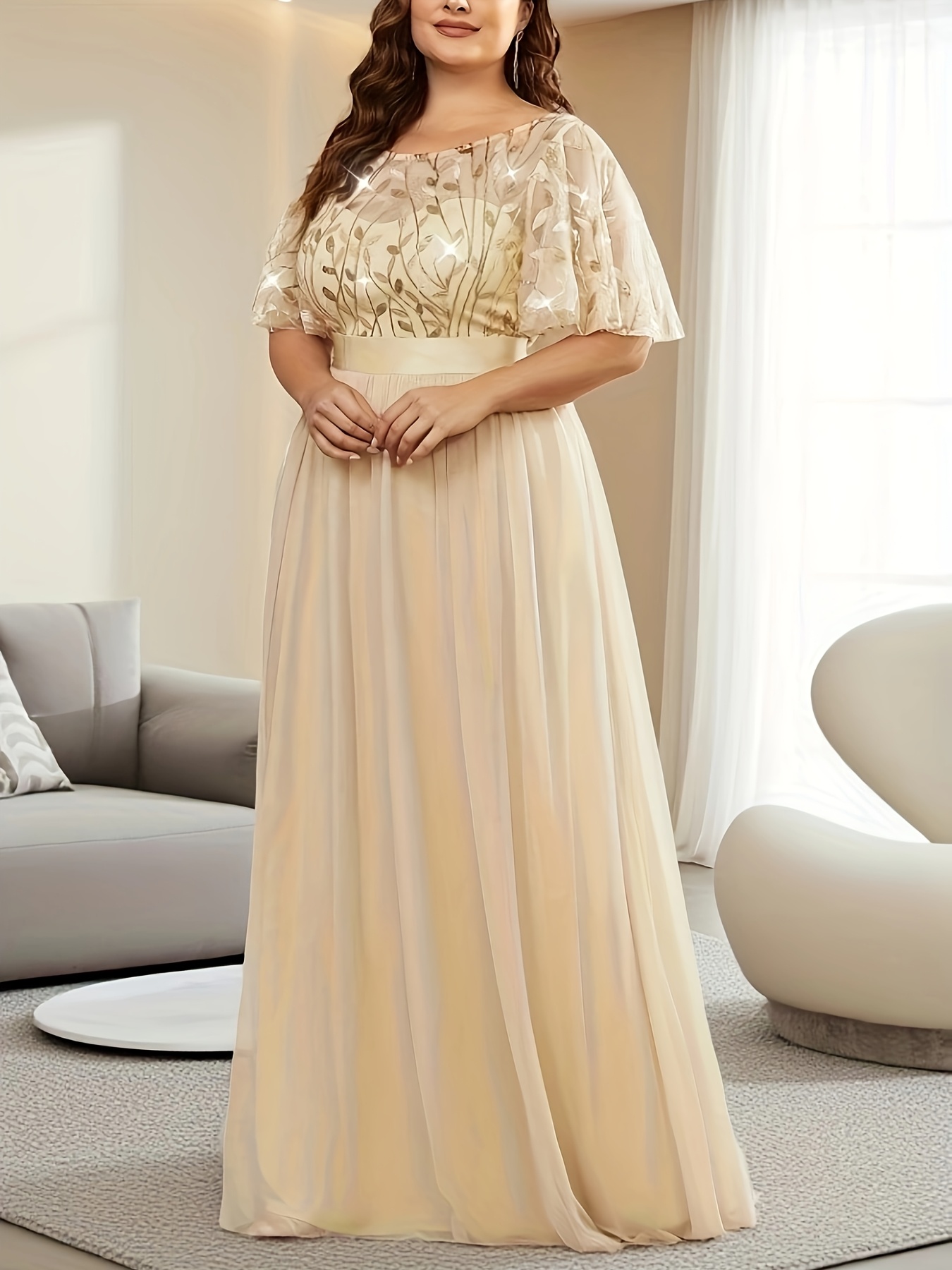 Plus Size - فستان سهرة أنيق بحجم كبير مع زينة زهور - فستان حفلات بدون أكمام بأسلوب A-Line، لون صلب، إغلاق بسحاب، قمة ملائمة وتنورة طويلة للزفاف والولائم والمناسبات الرسمية، ملابس زفاف للضيوف | فستان مزخرف بالزهور | خطوط مريحة