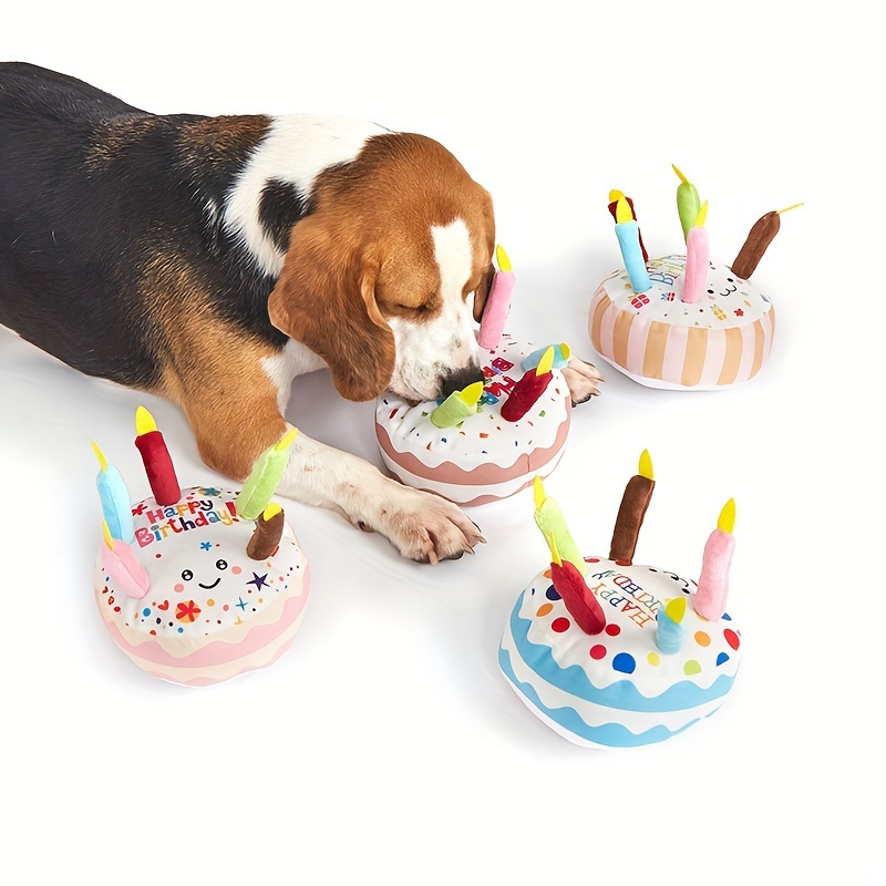 

Happy Birthday! Furry Dog Cake Chew Toy - Soft, Plush, And Safe For All Breeds And Sizes
