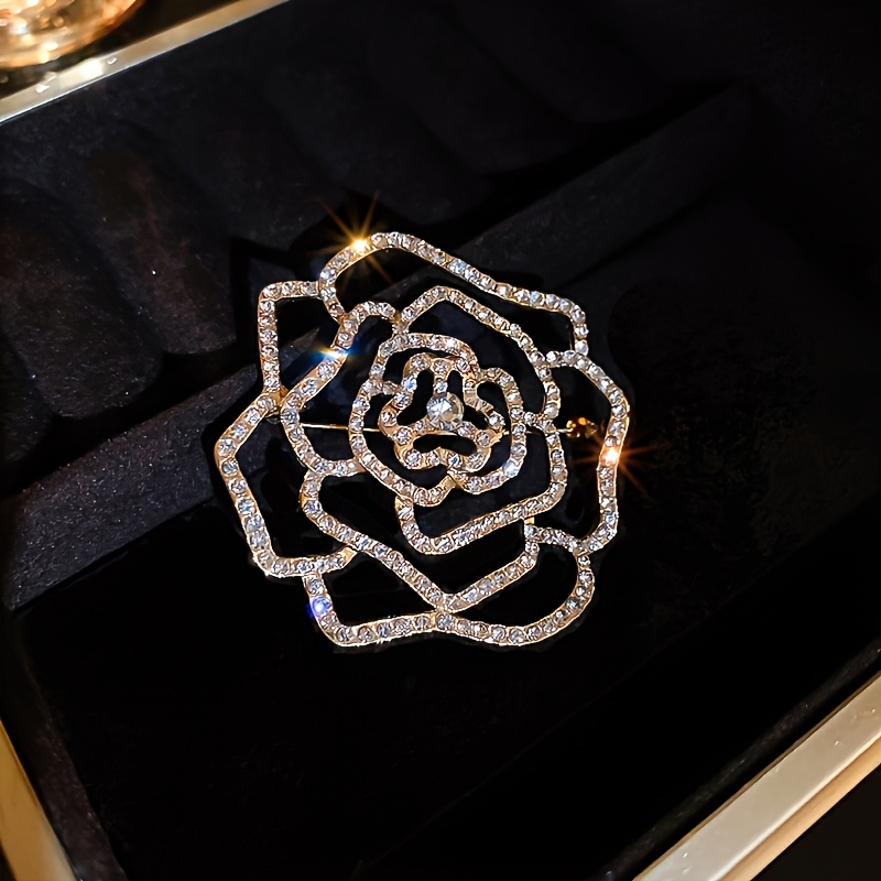 TEMU Fashionable And Elegant Hollow Rhinestone Camellia Flower Brooch, High-end Rose Flower Corsage
