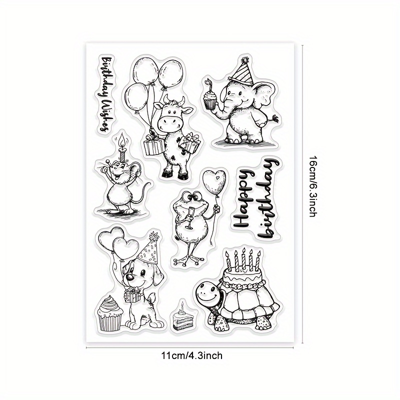E-shop Transparente Cartoon Geburtstags-Tierstempel mit Maus, Hund, , Elefant, Kuh und Schildkröte, zur Verwendung für Scrapbooking, Kartenherstellung,