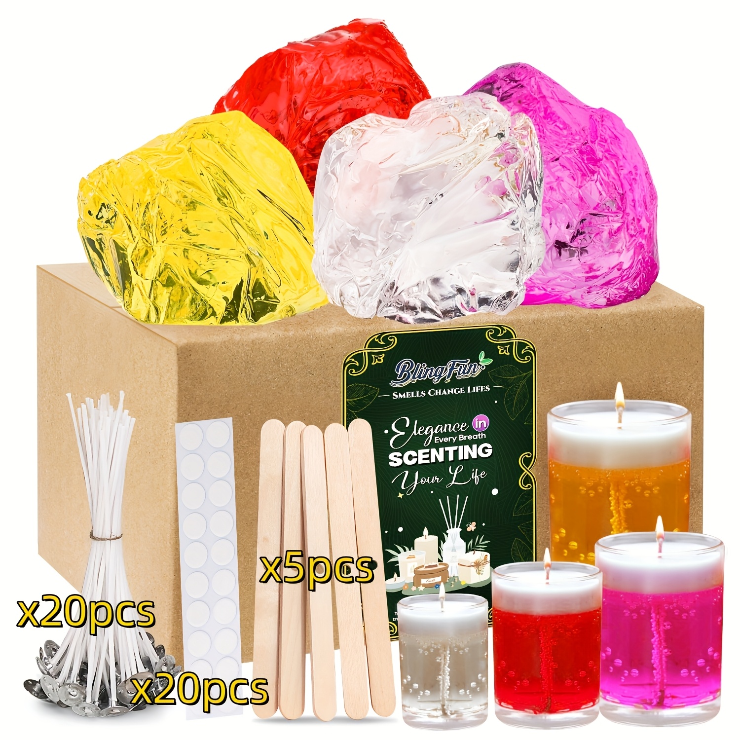 Image of Blingfun Gel Candle Making Kit, With /400g Jelly Wax For Candle Making, 20pcs Wax Wicks And 20pcs Stickers, 5pcs Wick Holders For Gel Scented Candle Making, Home Decor, Craft Projects