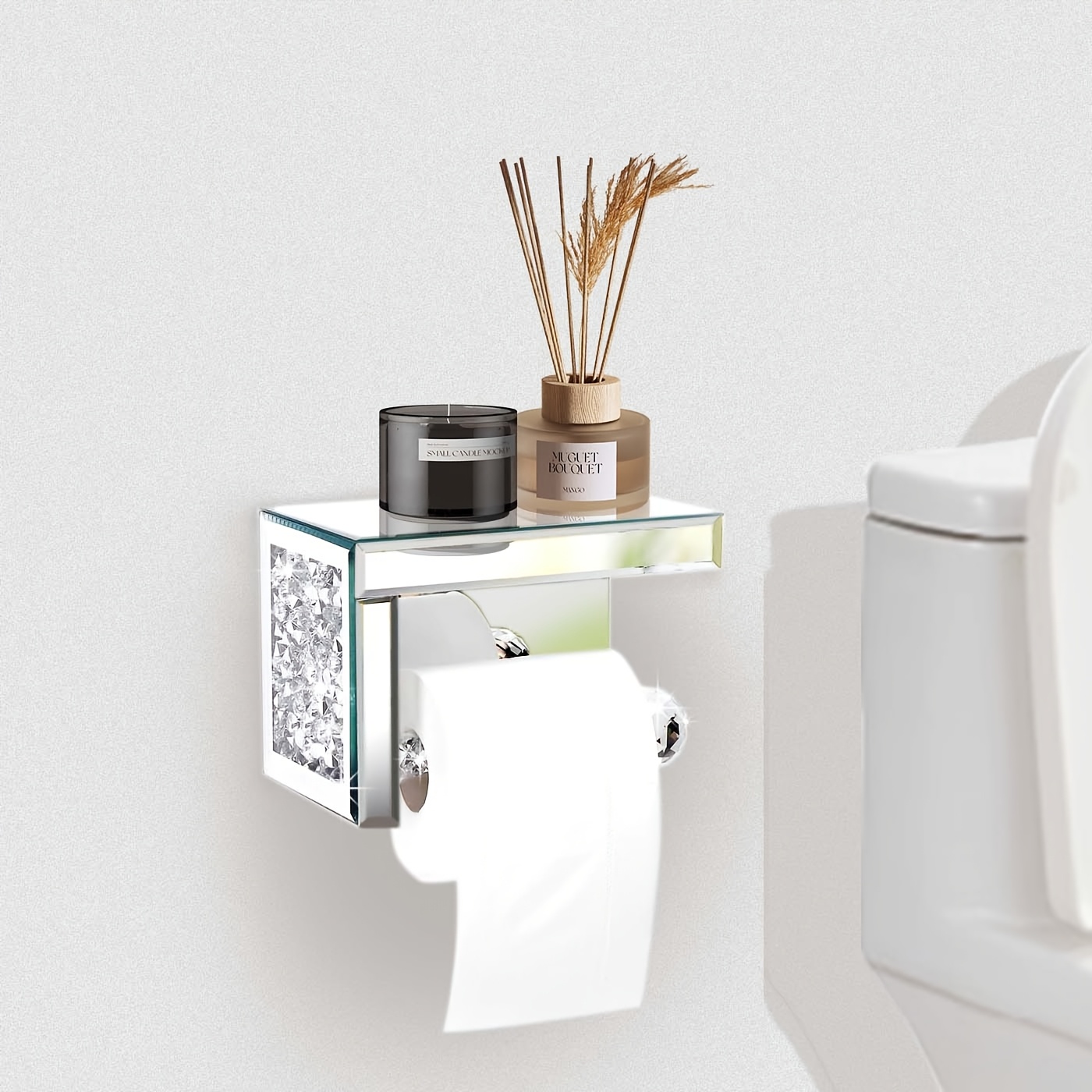 Sparkling Rhinestone Mirror Bathroom Tissue Box Holder - Wall-mounted With -like Frame, Space- Toilet Paper Storage, Shower Organizer (drill-through Installation) For Marble-like Surfaces