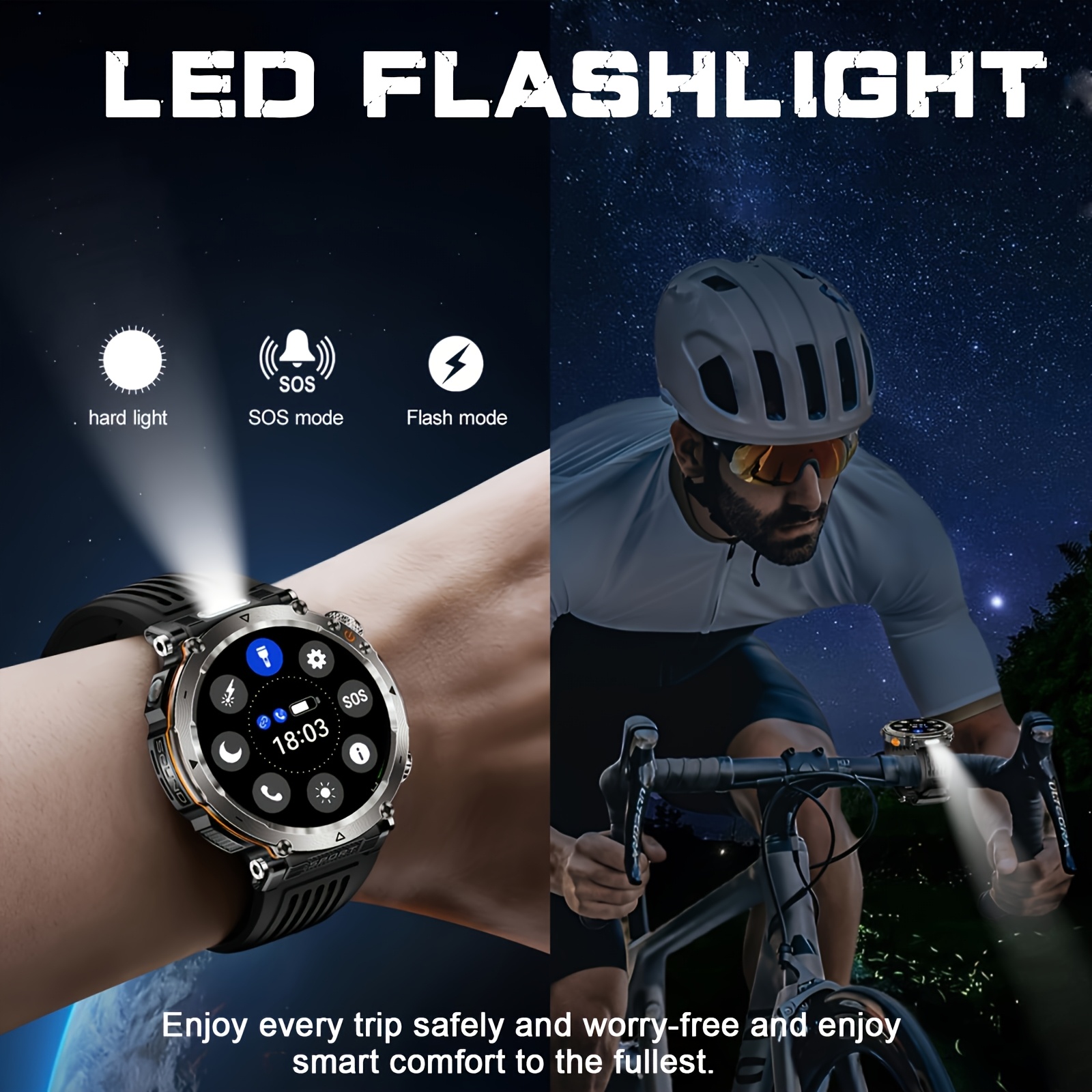 Montre Connectée de Sport d'Extérieur 1.7 pouces, Convient aux Hommes, Supporte Wireless 5.0, Écran IPS 360P, Boîtier en Alliage, en Silicone, Batterie Rechargeable 600Mah, Plus de 100 Modes Sportifs, Boussole, Fonction de Conversation, Chargement USB, Super Lampe Torche