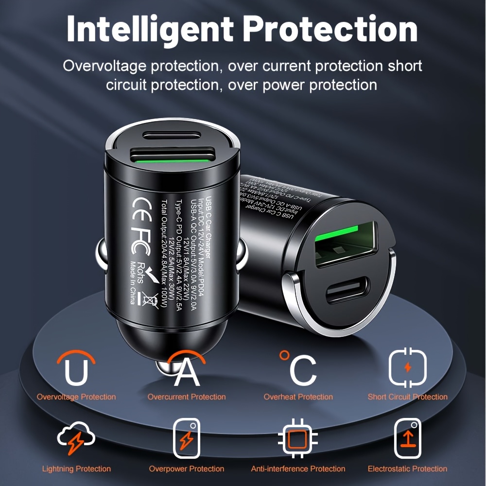   usb type-c 汽车充电器 qc4.0 pd3.0 usb 快速充电转接器双埠汽车点烟器适用于 iphone14/13/12 适用于 ipad 适用于三星 商品详情 3