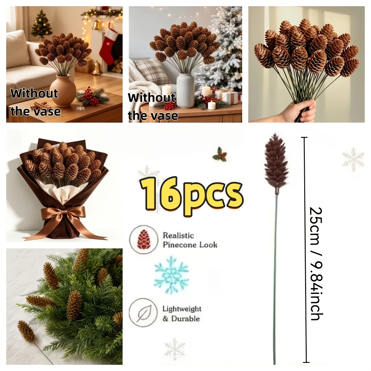 TEMU 16 pezzi di artificiali natalizie, adatte per ghirlande natalizie, riempimento di fessure dell'albero di Natale, centrotavola per le feste,