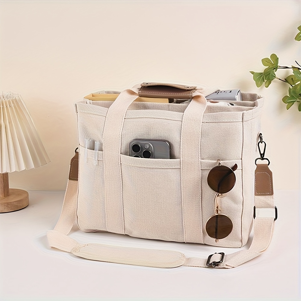 TEMU Versatile Women's Shoulder Bag Featuring Pockets And Sections, Sturdy Handles And A Strap - Chic Nylon-lined Tote For Work, Travel, And Everyday Use (white/black), Shoulder Handbag