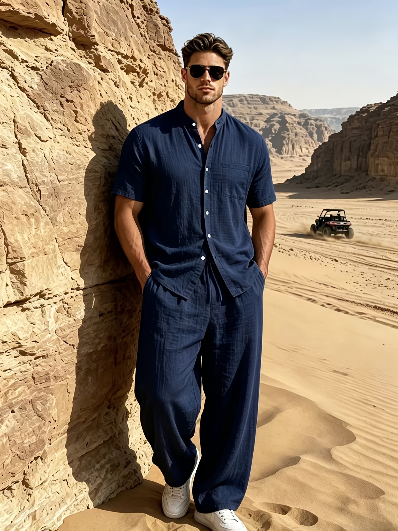 Artikelbild sommerliches herren leinenhemd und hosen set, lässiges offenes cardigan button-up kurzarmhemd mit tasche, atmungsaktives gewebtes leinenstoff,   für tägliche ausflüge und outdoor-aktivitäten, strand kurzarmhemd und hosen set, ideal als geschenk