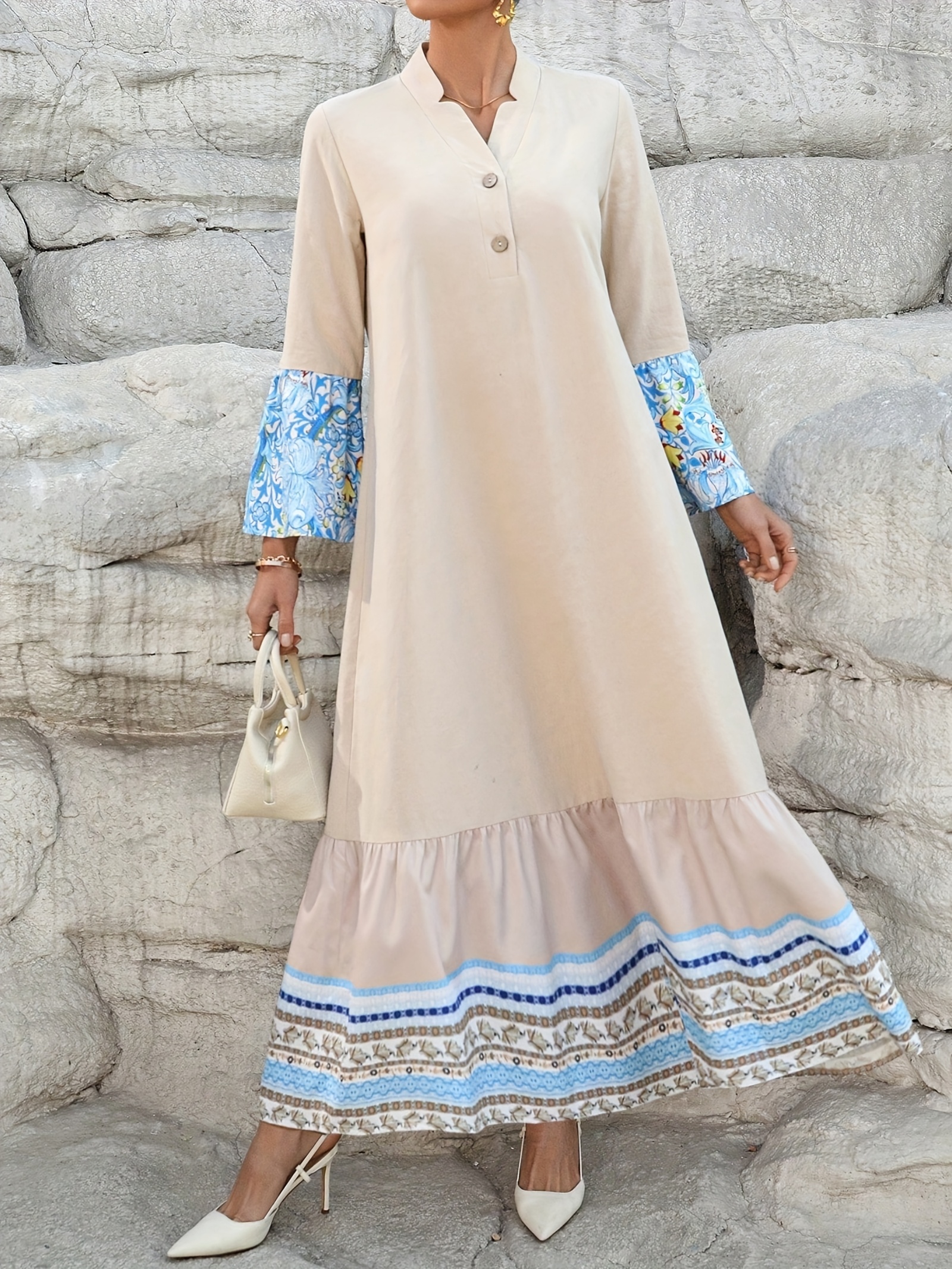 womens elegant kaftan dress v neck button color block print - Temu United  Arab Emirates