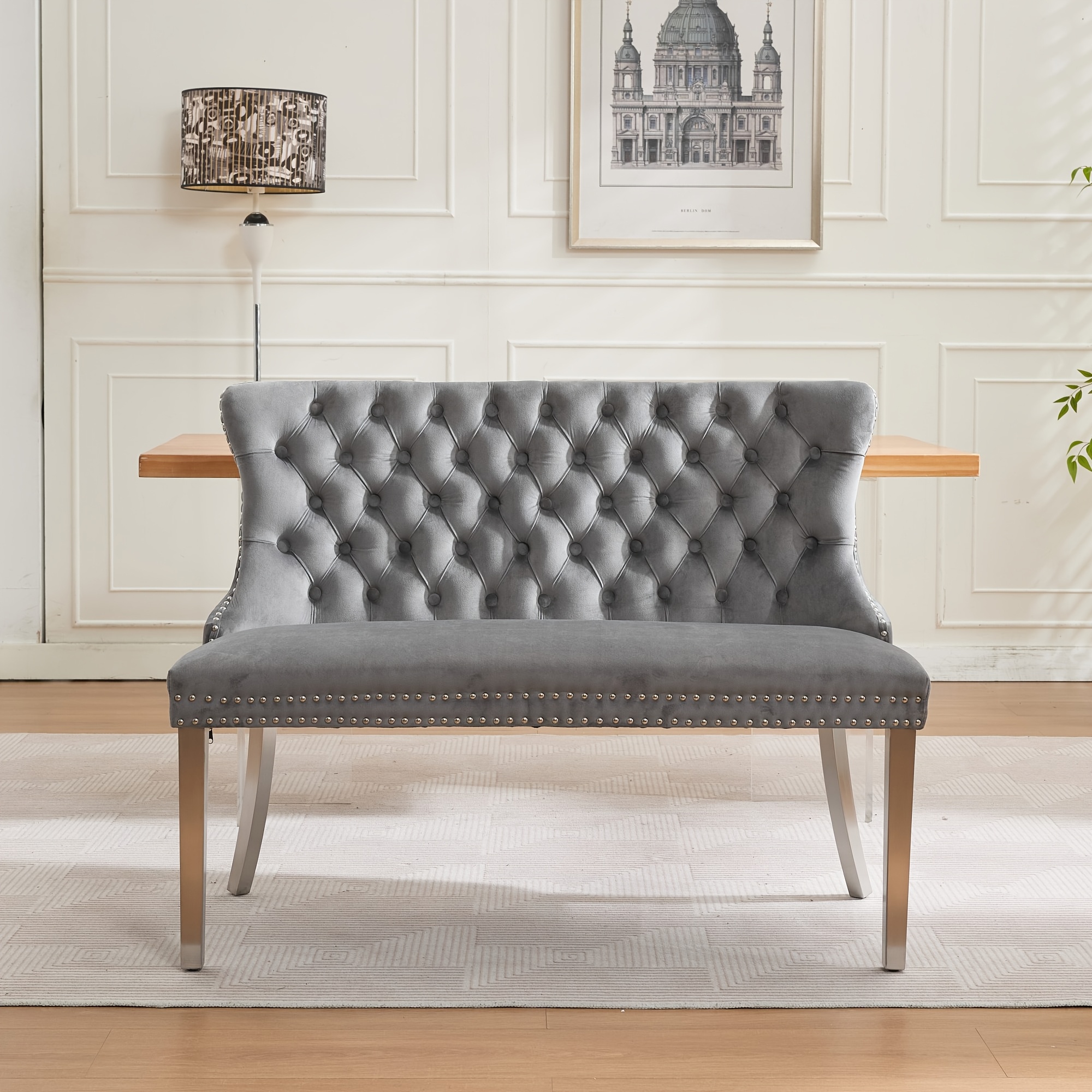 TEMU Mid-century Velvet Two-seater Sofa, Tufted Dining Chair Bench With Handcrafted Buttons, Winged Backrest, Metal Legs, Sold Individually