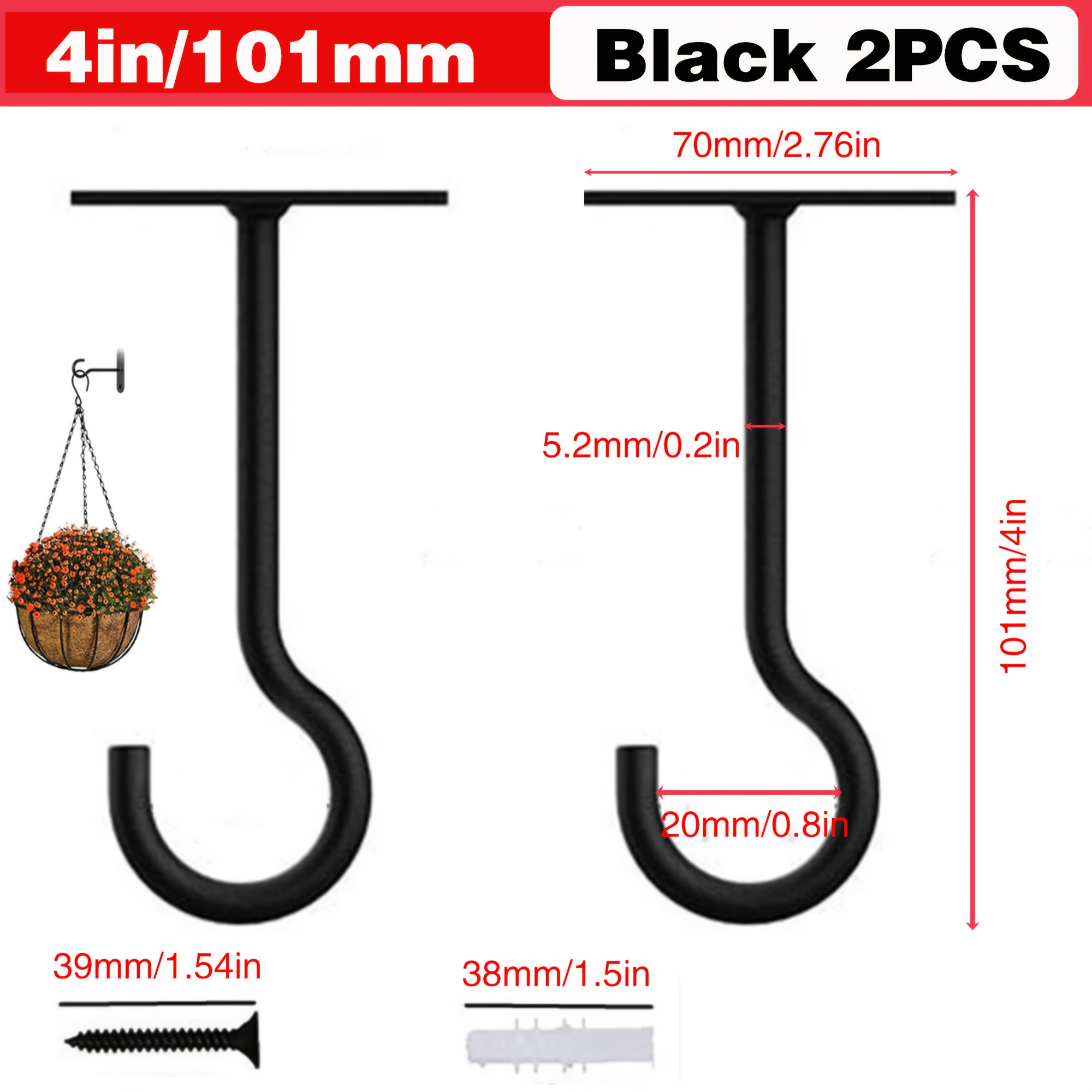 TEMU Lot de 2 Crochets de Plafond Noirs pour Plantes, Mangeoires à Oiseaux & Décor - Fixations Murales Faciles à Installer pour Lumières, Lanternes &