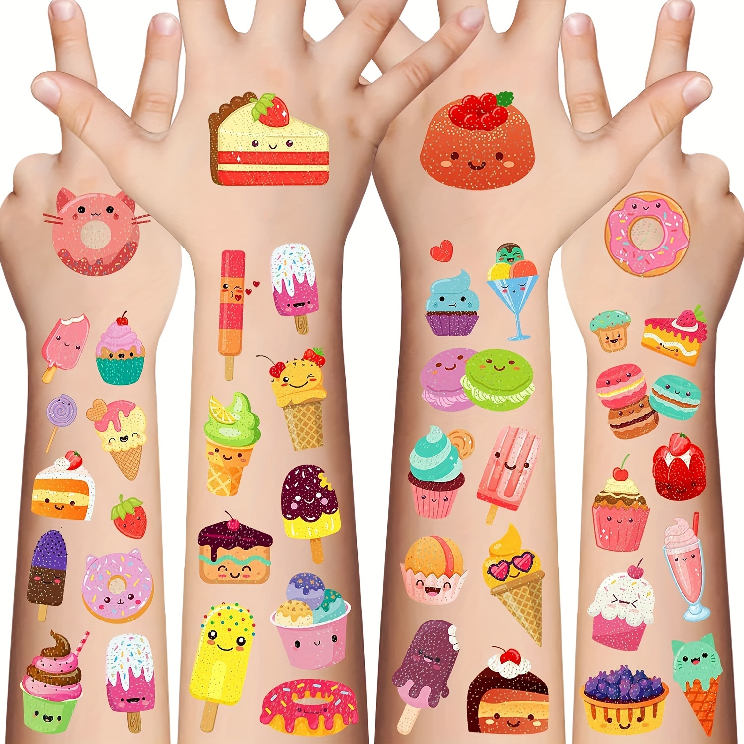 

146-piece Glitter Ice Cream & Cake Temporary Tattoos Set - Vibrant Face Makeup Stickers For Birthday & Holiday Parties, 10 Sheets