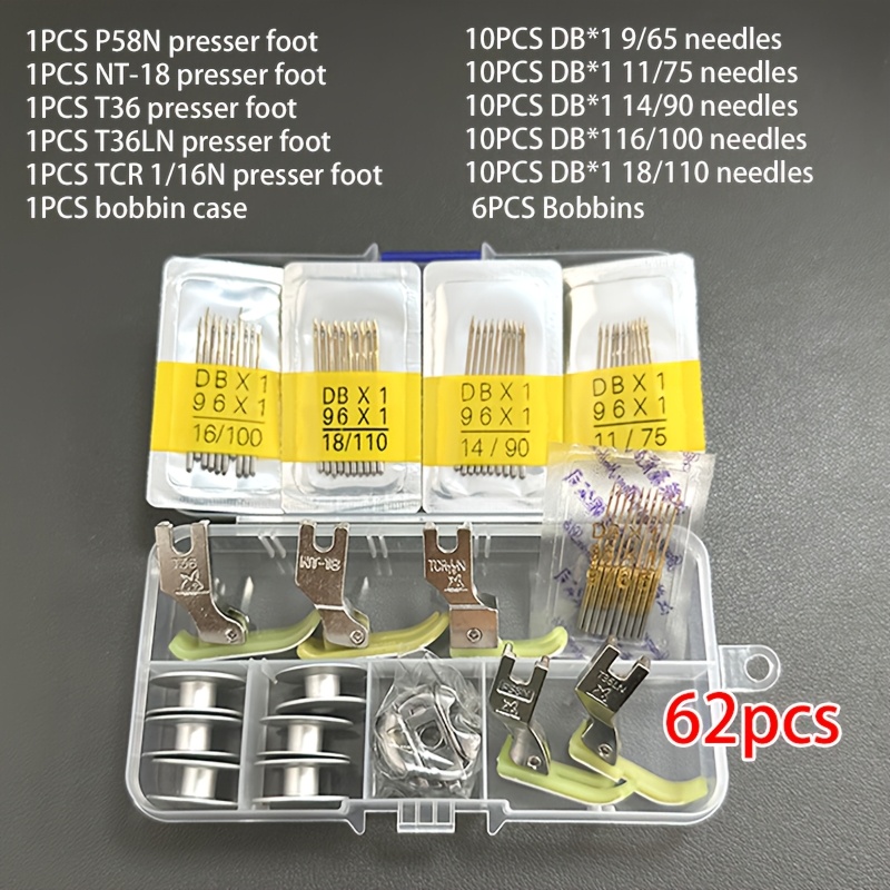 E-shop 62-teiliges Nähmaschinenzubehör-Set - Inklusive 5 Nähfuß für Plattentisch P58N, NT-18, T36, T36LN, TCR1/16, 50 Nadeln DB*1 9/65, DB*/75, DB*1