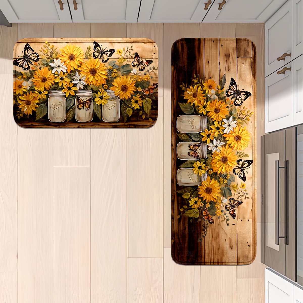 TEMU 2pcs Kitchen Mat Set, Featuring Sunflower, , Glass Jar, And Wooden Board Patterns. Made Of Flannel, Machine Washable. Suitable For Home, Office,